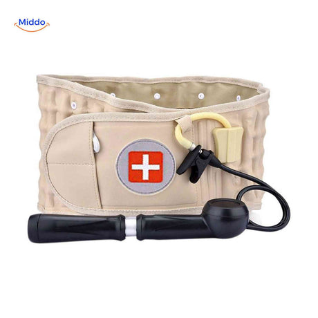 Beige inflatable back brace with included hand pump for lumbar support.