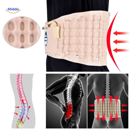 Lumbar support belt showing 3D spine anatomy and support points.