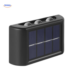 Lumibright waterproof dual-head solar wall light with rechargeable battery.