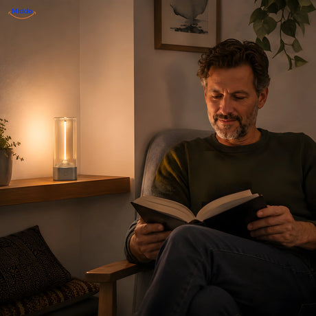 man around 45 reading beside a Luminex Compact lamp middo.shop