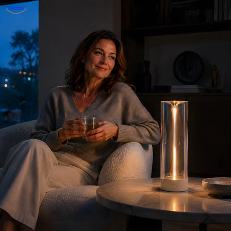 woman around 45 with Luminex Premium mood lamp in the living room middo.shop
