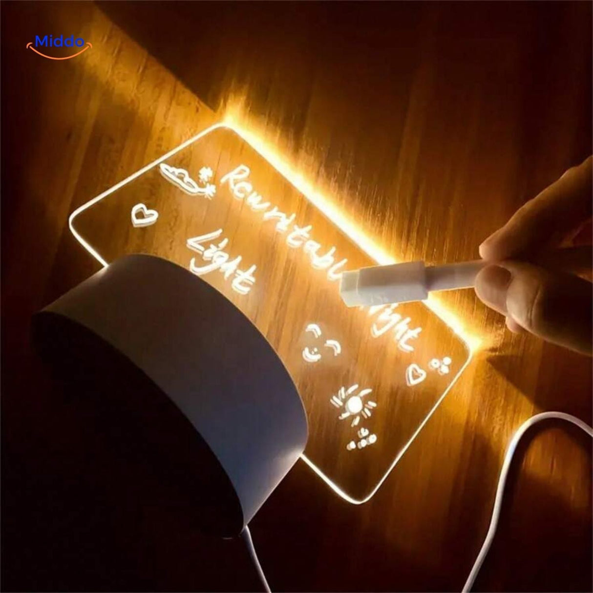 Erasing text from LumiNote illuminated memo board using cleaning cloth.