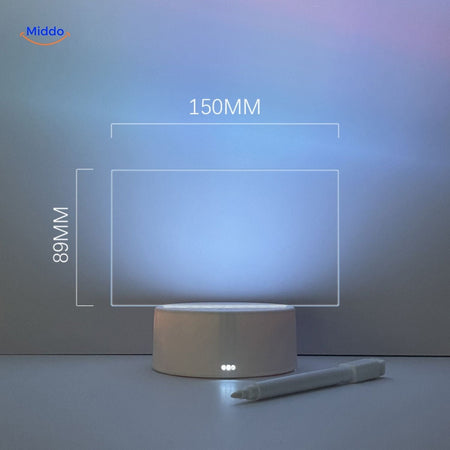 Rectangular LumiNote erasable memo board with measured dimensions shown on light panel.