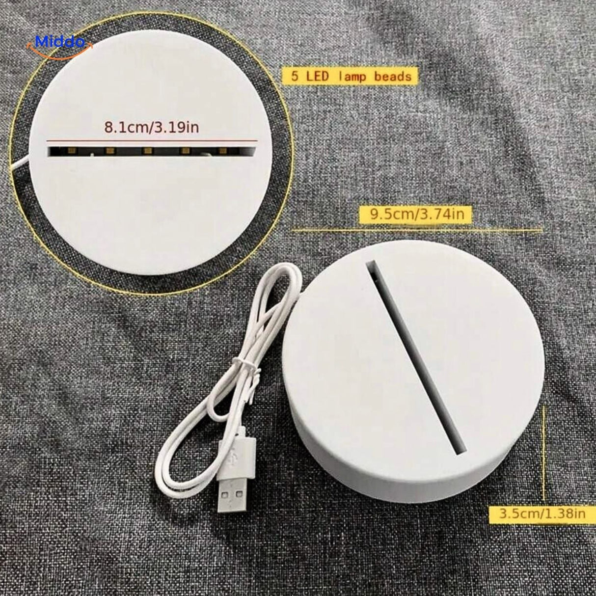 LumiNote round LED base with USB power cable and product dimensions specifications.