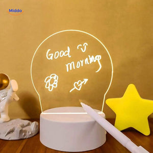 Round luminous memo board panel with text written and displayed on desk lamp.