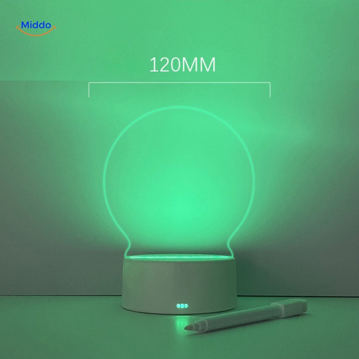 Round LumiNote memo board with dimensions and size specifications displayed on green light.
