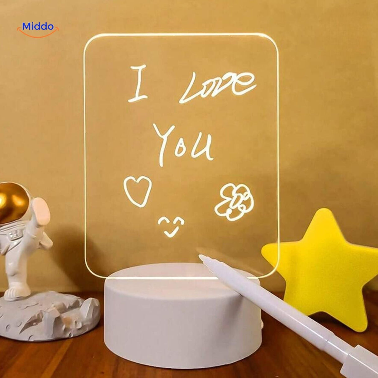 LumiNote lamp illuminated writing surface with handwritten message displayed clearly.