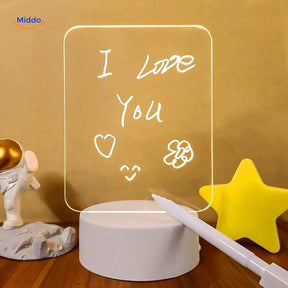 LumiNote lamp illuminated writing surface with handwritten message displayed clearly.