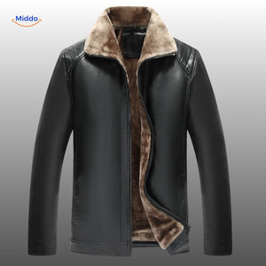 Premium black leather jacket with plush fur collar detail.