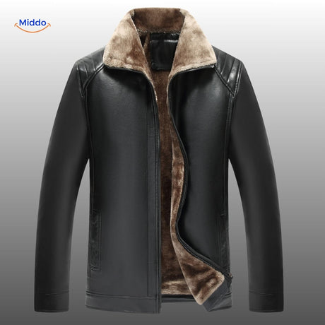 Premium black leather jacket with plush fur collar detail.