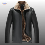 Premium black leather jacket with plush fur collar detail.