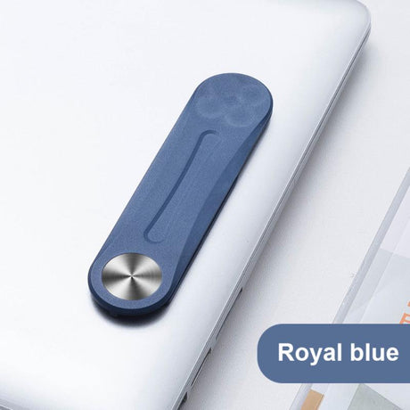 Blue MagnetClip phone mount folded configuration attached to laptop for secure mounting.