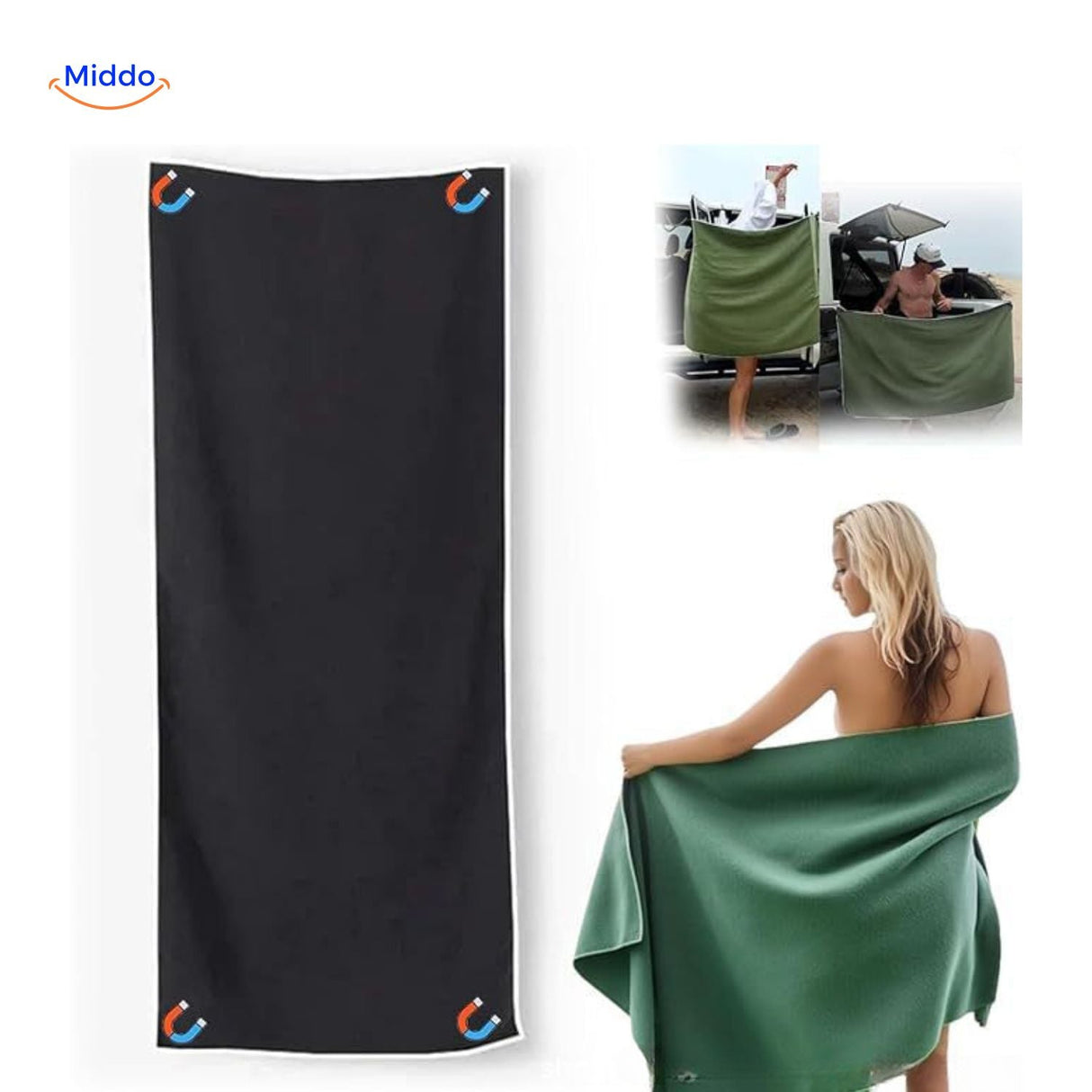 Black quick-dry magnetic towel designed to stay in place at the beach.