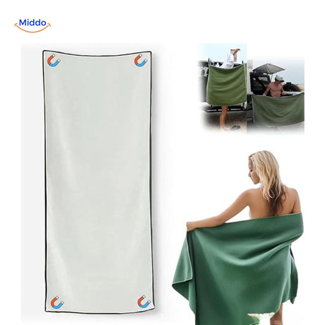 White sand-free microfiber towel with magnetic corner attachment system.