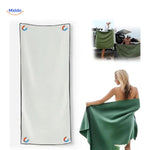 White sand-free microfiber towel with magnetic corner attachment system.