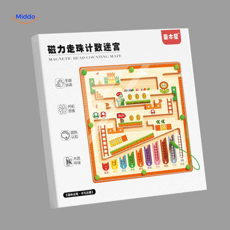 Wooden magnetic bead puzzle maze educational game.