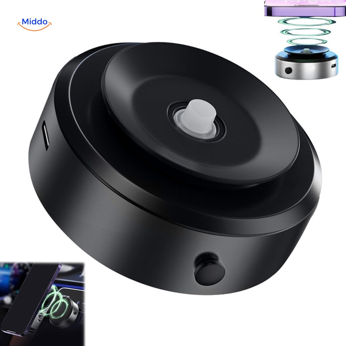 MagnaMount 360° magnetic car phone mount with suction cup on dashboard