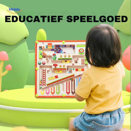 MagnoMaze magnetic maze game with colorful beads and wooden frame.