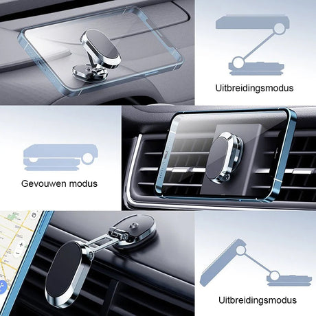 Magnetic phone mount displayed in both expanded and folded positions to show its versatile design.