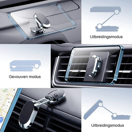 Magnetic phone mount displayed in both expanded and folded positions to show its versatile design.