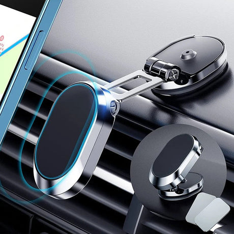 Magnetic car mount clipped onto an air vent, holding a smartphone hands-free in portrait mode.