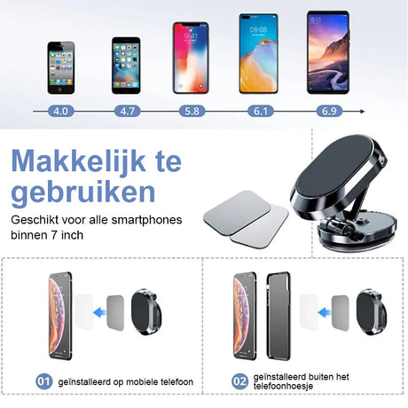 Magnetic car mount shown compatible with various smartphone models including iPhone and Android.