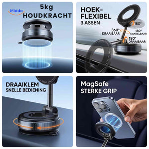 Magnetic phone holder with 5 kg suction strength and rotatable arm for flexible positioning on dashboard