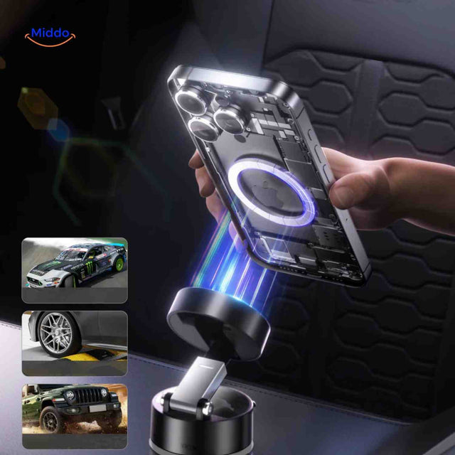 Magnetic phone holder with extra-strong grip securely holding smartphone.