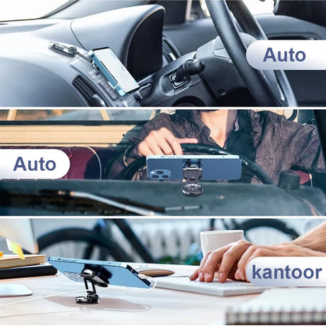 Magnetic phone mount shown in multiple use cases including car dashboard and office desk.