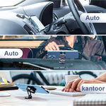 Magnetic phone mount shown in multiple use cases including car dashboard and office desk.
