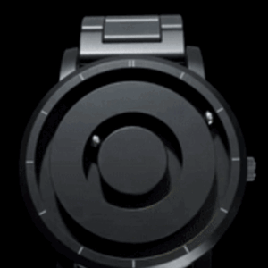 Modern black magnetic watch with floating sphere hands and sleek design.
