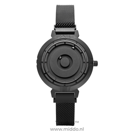 Women's black magnetic watch with sophisticated mesh band.