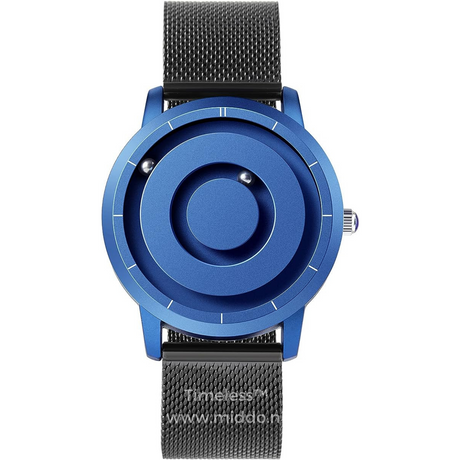 Blue magnetic watch with mesh band, contemporary color option.