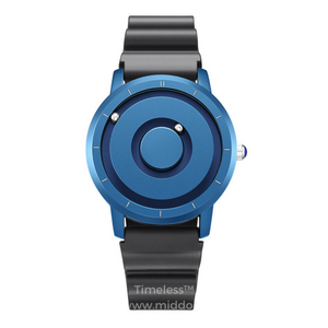 Blue magnetic watch with silicone band for comfort and durability.