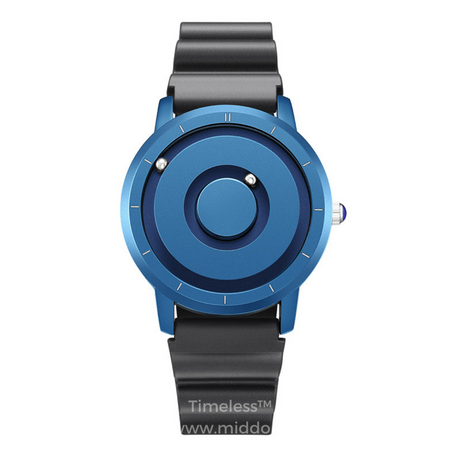 Blue magnetic watch with silicone band for comfort and durability.