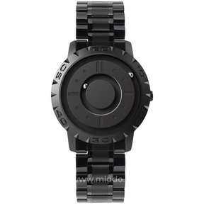 Closeup of magnetic watch showing detailed floating sphere pointer hands.
