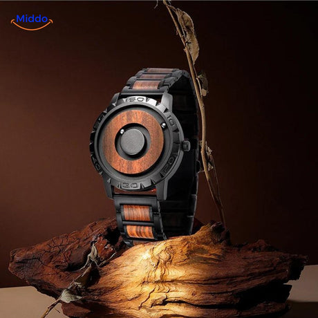 Magnetic watch displayed on vintage desk, showcasing timeless appeal.