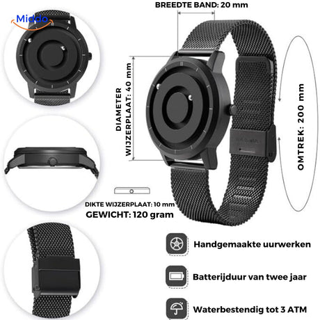 Magnetic watch specifications and technical details up close.