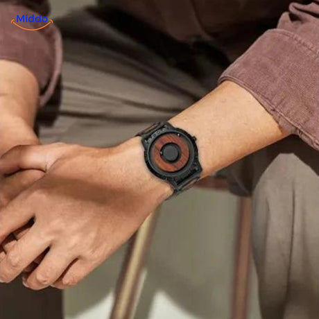 Man wearing black magnetic watch, showcasing timeless everyday style.