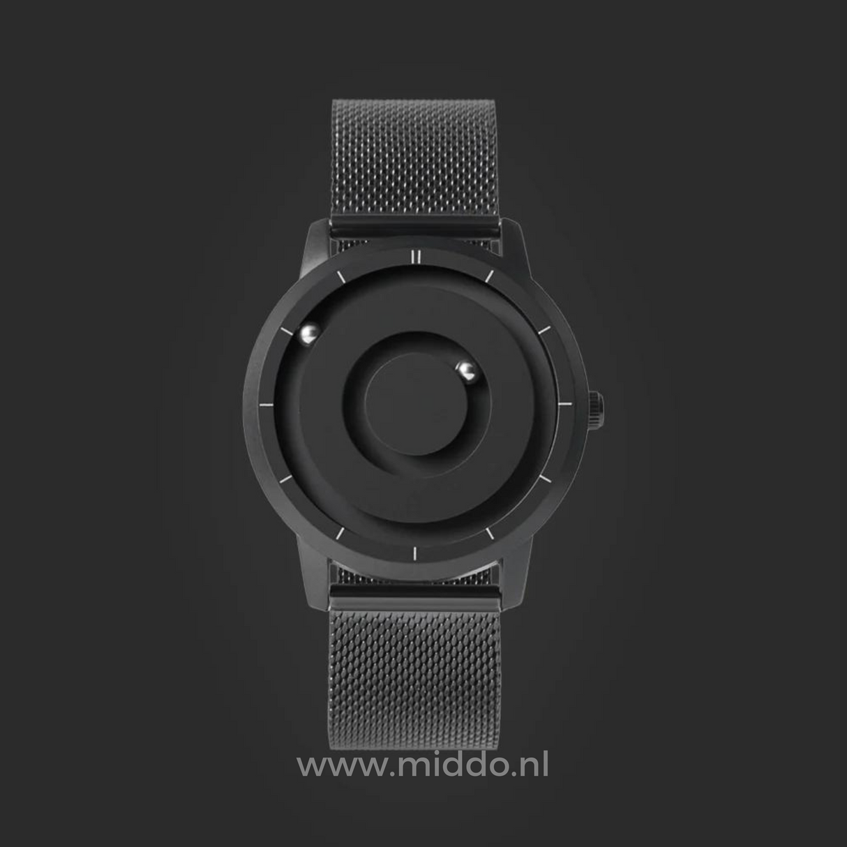 Black magnetic watch with minimalist dial and clean aesthetic design.