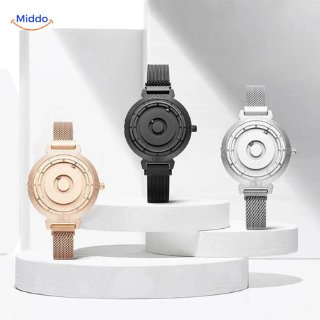 Magnetic watch collection set showing rose gold, silver, and black options.