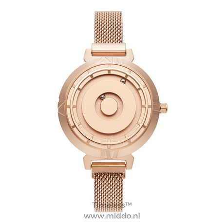 Women's rose gold magnetic watch with elegant mesh band design.