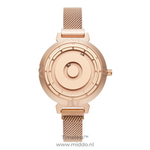 Women's rose gold magnetic watch with elegant mesh band design.