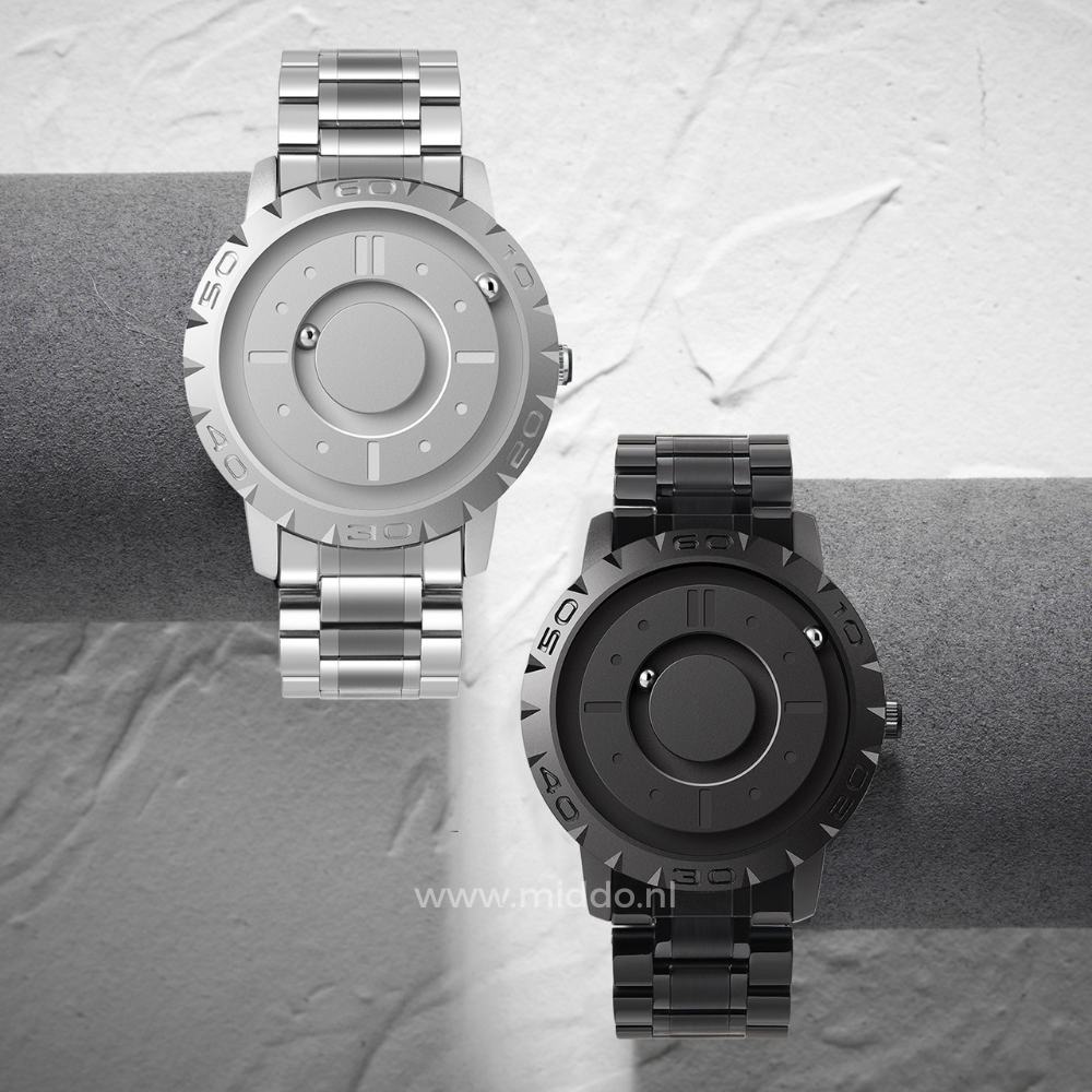Two-tone magnetic watch combining silver and black modern design.