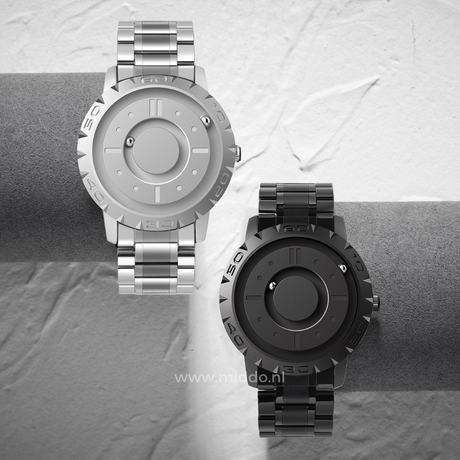 Two-tone magnetic watch combining silver and black modern design.