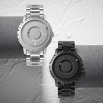 Two-tone magnetic watch combining silver and black modern design.