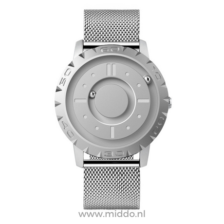 Silver magnetic watch with fine mesh band, elegant metal styling.