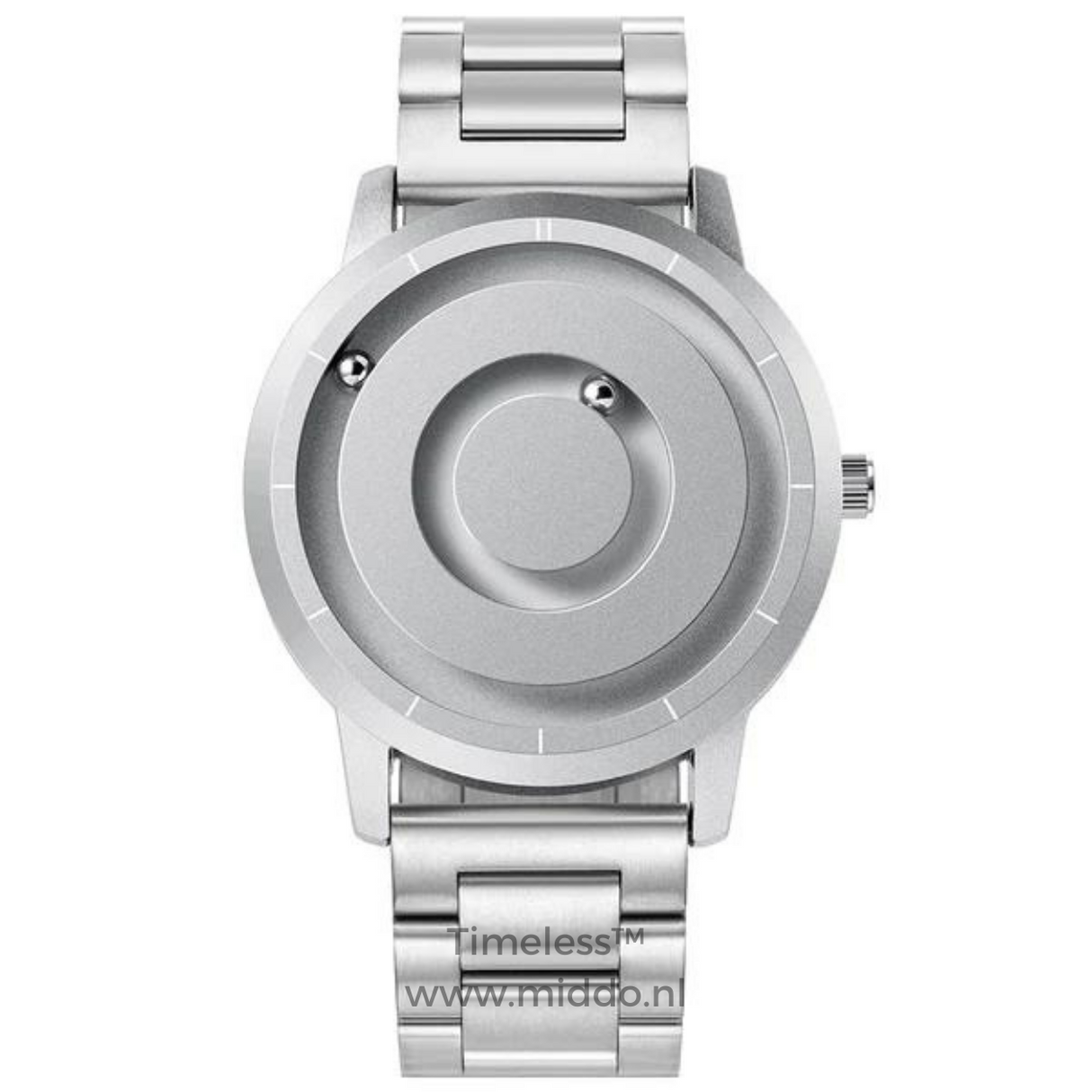 Silver magnetic watch with minimalist design and clean lines.