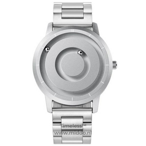 Silver magnetic watch with minimalist design and clean lines.
