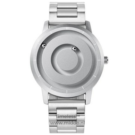 Silver magnetic watch with minimalist design and clean lines.